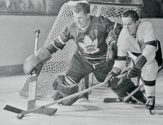 Maple Leafs goalie Ed Chadwick and Red Wings Earl "Dutch" Reibel 1957