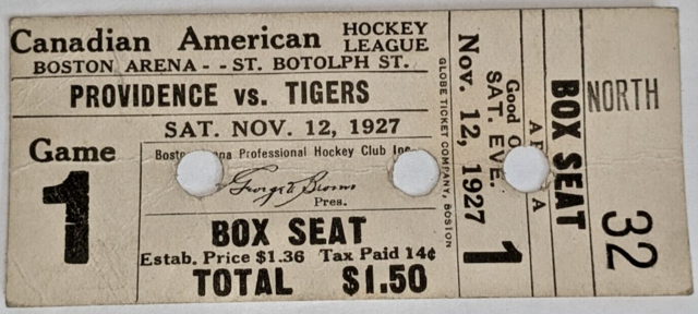 Antique Hockey Ticket 1927 Boston Tigers vs Providence Reds at Boston Arena