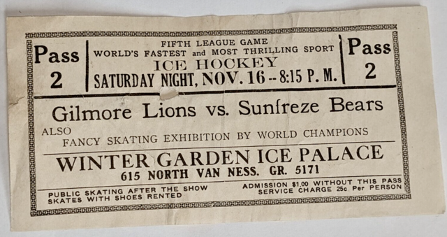 Antique Hockey Ticket 1929 Southern California Amateur League at Winter Garden