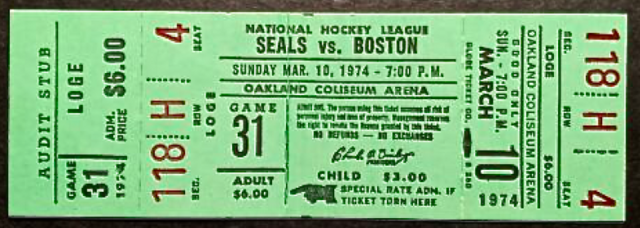 Vintage California Golden Seals Hockey Ticket 1974 Oakland Coliseum Arena