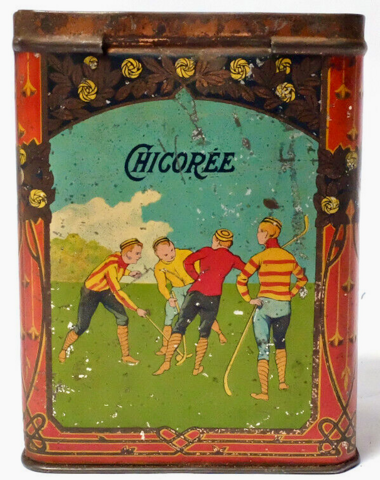 Antique Chicorée Tin with Field Hockey Image - French Chicorée Tin