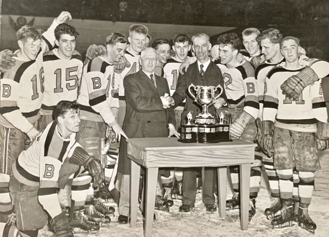 William Hewitt gives 1948 Memorial Cup to Ed Lauzon Port Arthur West End Bruins