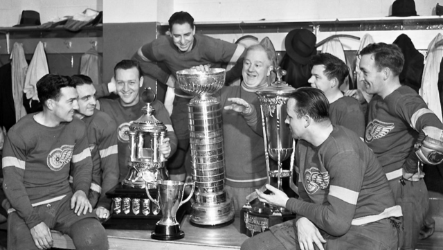 Detroit Red Wings with 1937 Stanley Cup, Prince of Wales Trophy, Vezina Trophy