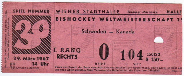 1967 Ice Hockey World Championships Ticket - Schweden vs Kanada