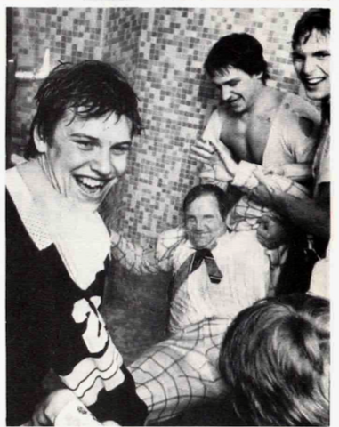 1977 Memorial Cup Celebration, as Bruins put coach Punch McLean in Shower