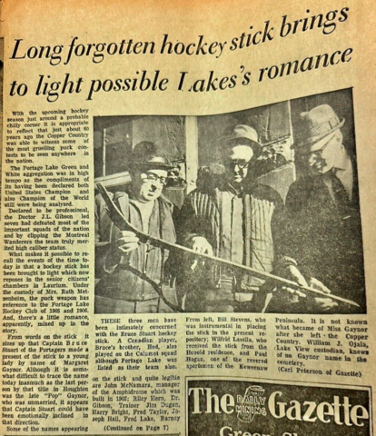 Rare Hockey Stick 1906 Portage Lake Hockey Club History