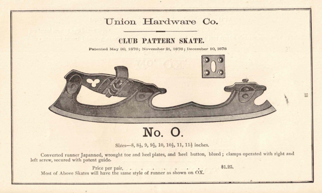 Ice Skate History 1884 Union Hardware Co. Ice Skates - Club Pattern Skate No.O