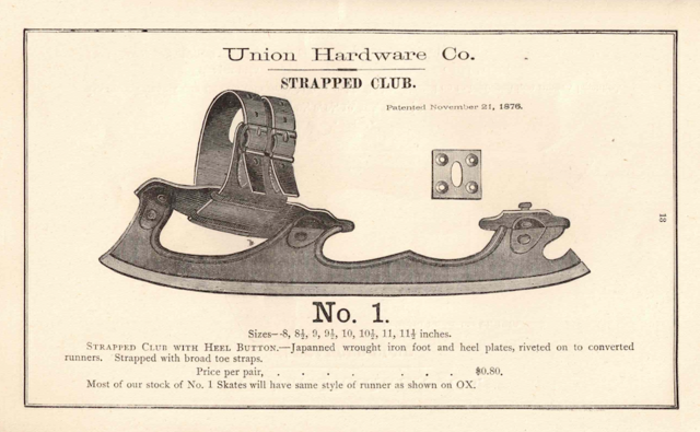 Ice Skate History 1884 Union Hardware Co. Ice Skates - Strapped Club Skate No.1