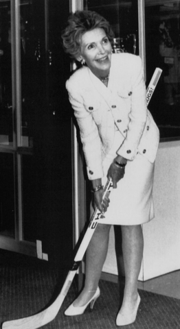 Nancy Reagan at The Hockey Hall of Fame 1988 with Vintage Christian Hockey Stick