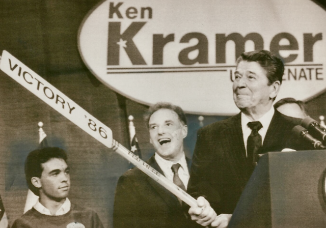 USA President Ronald Reagan holding a Hockey stick 1986 Ken Kramer Senate Bid