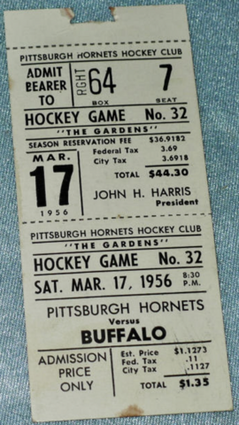 Pittsburgh Hornets History 1956 Pittsburgh Hornet Hockey Ticket Duquesne Gardens