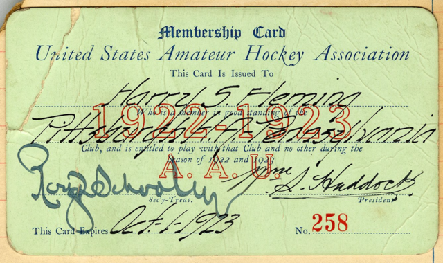 United States Amateur Hockey Association Membership Card 1922-1923 Harry Fleming