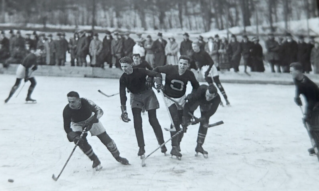 Cornell University Hockey Team vs Amherst College on Beebe Lake 1922