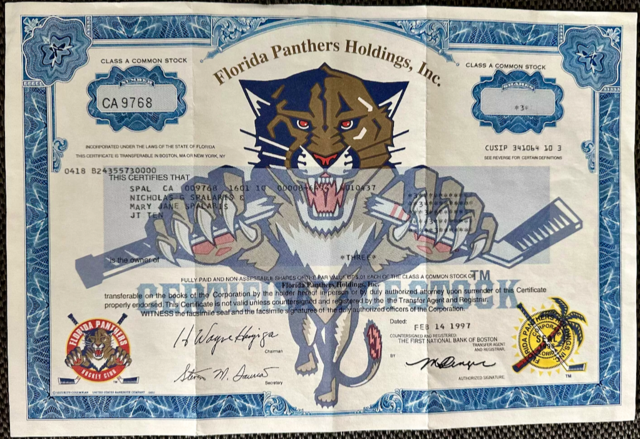 Florida Panthers Stock Certificate 1997 Florida Panthers Holdings, Inc