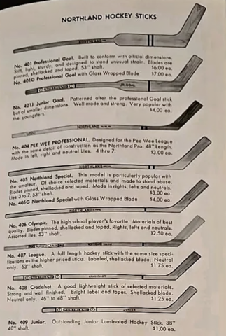 Northland Hockey Sticks Price Guide 1960s