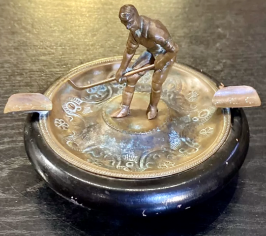 Vintage Hockey Ashtray - Copper Hockey Player Ashtray