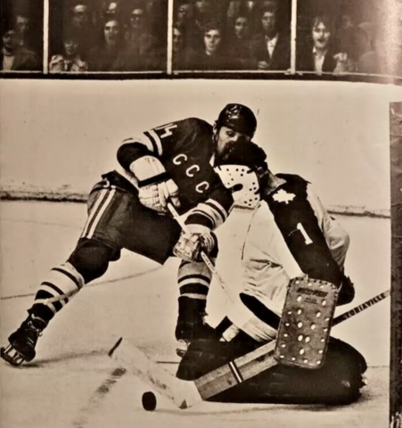 Vladimir Devyatov shoots on Ontario Selects goalie Louis Levasseur 1972