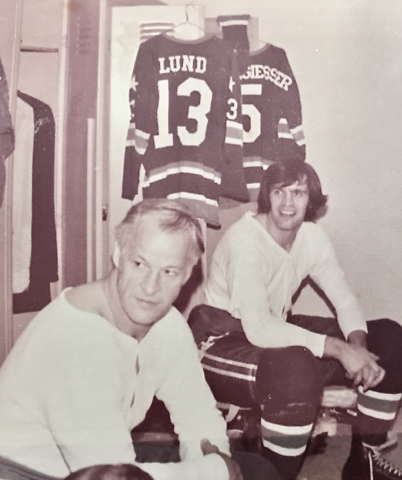 Gordie Howe and Larry Lund 1976 Houston Aeros