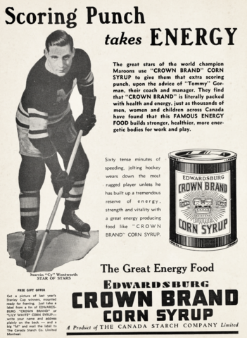 Montreal Maroons Marvin 'Cy" Wentworth 1936 Crown Brand Corn Syrup Ad
