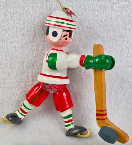 Vintage Hockey Christmas Ornament 1984 Kurt Adler Wood Hockey Player