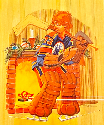 Hot Goalie letting in Gift Wrapped Puck 1974 Kansas City Scouts Christmas Card