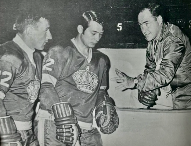 Poul Popiel and Bryan Campbell with Los Angeles Kings coach Red Kelly 1968 