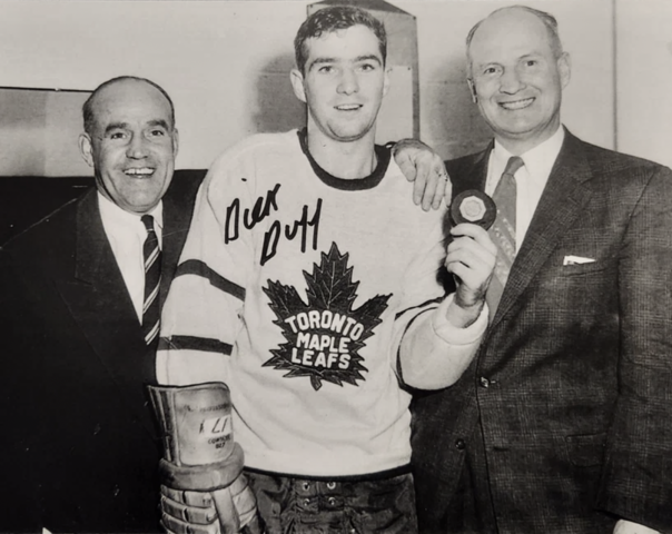 Toronto Maple Leafs King Clancy, Dick Duff with 1st NHL goal puck & Hap Day 1955