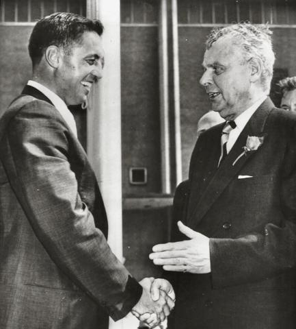 Jean Béliveau shakes the hand of Canadian Prime Minister John Diefenbaker 1961