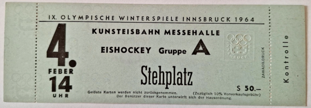 1964 Innsbruck Winter Olympics Ice Hockey Ticket at Kunsteisbahn, Messehalle