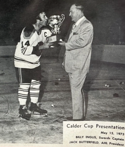 Billy Inglis accepts 1973 Calder Cup from AHL President Jack Butterfield