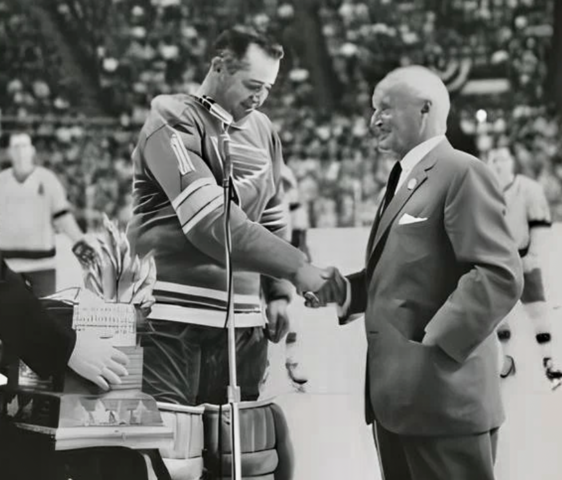Glenn Hall receives the 1968 Conn Smythe Trophy from Conn Smythe