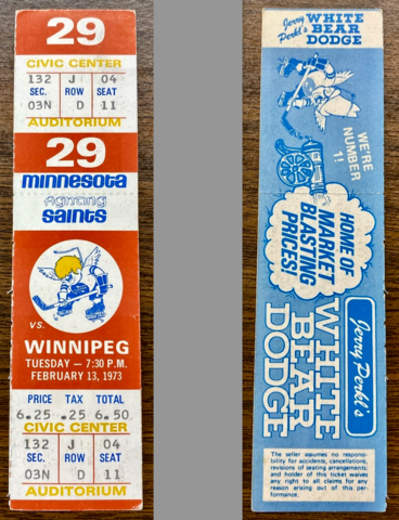 Vintage Hockey Ticket 1973 Minnesota Fighting Saints Hockey Ticket