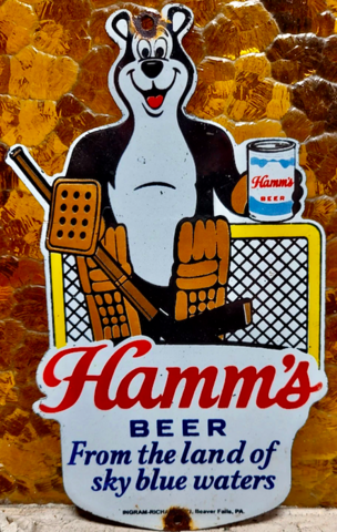 Hockey Beers - Hamm's Beer Ad - Vintage Porcelain Beer Sign