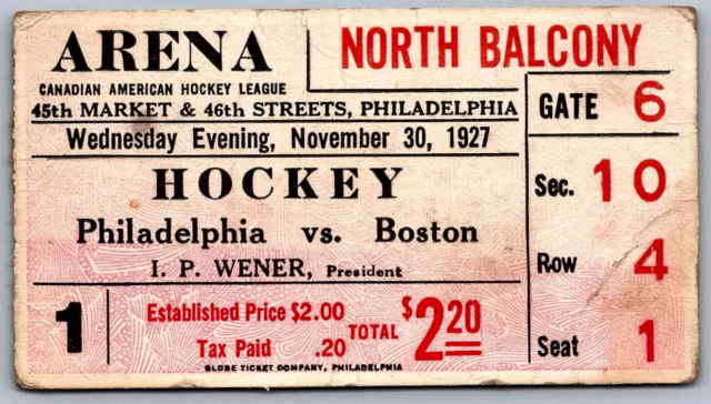 Antique Hockey Ticket 1927 Philadelphia Arrows vs Boston Tigers