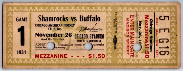 Antique Hockey Ticket 1931 Chicago Shamrocks vs Buffalo Majors