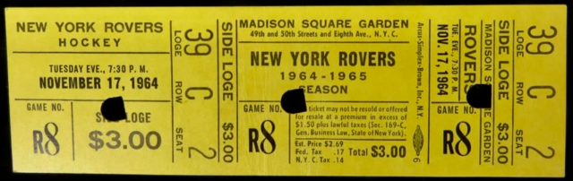 New York Rovers Hockey Ticket 1964
