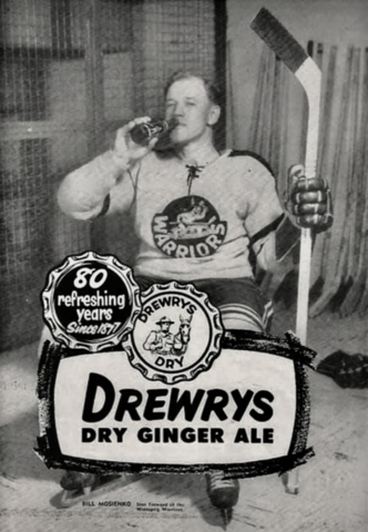 Drewrys Dry Ginger Ale Ad 1957 with Winnipeg Warriors Bill Mosienko