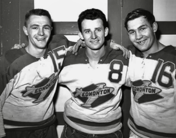 Eddie Stankiewicz, Bronco Horvath, Johnny Bucyk 1955 Edmonton Flyers