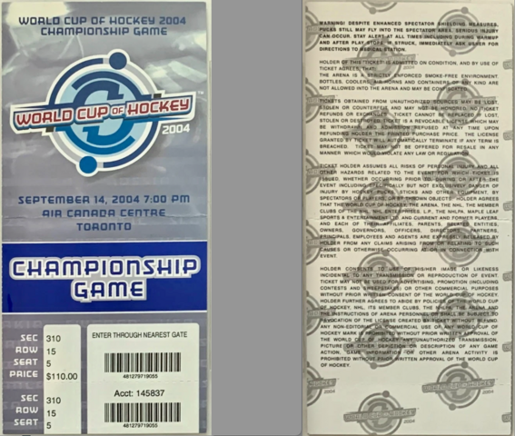 2004 World Cup Of Hockey Championship Game Ticket