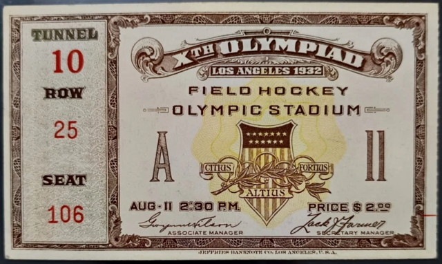 Gold Medal Hockey Ticket 1932 Los Angeles Olympics