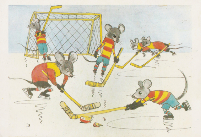 Russian Hockey Postcard Mice Playing Hockey 1968 Kanevsky