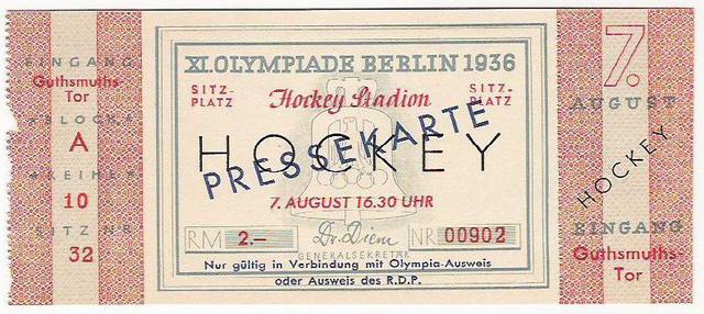 Field Hockey Ticket 1936 Olympics  ticket for Press