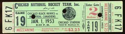 Ice Hockey Ticket 1953 Chicago Blackhawks