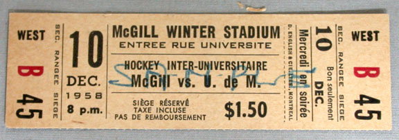 Ice Hockey Ticket 1958  McGill Winter Stadium