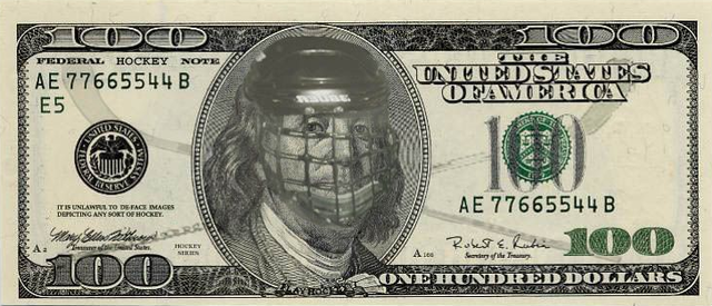 A USA 100 Dollar bill with a Hockey mask on President