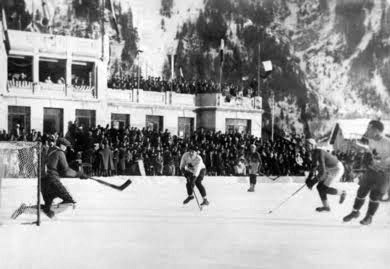 Team Canada shooting the puck, 1924 Winter Olympics , Chamonix