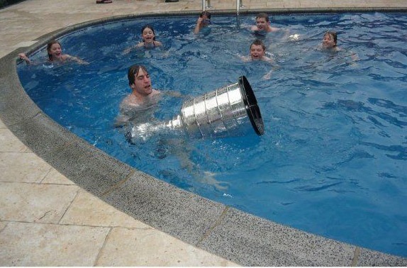Phil Bourque & Kids with Stanley Cup in Mario Lemieux's Pool