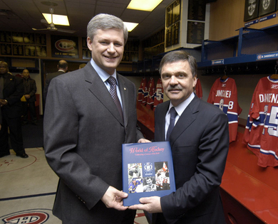 Stephen Harper & Rene Fasel in Montreal Canadiens Dressing Room