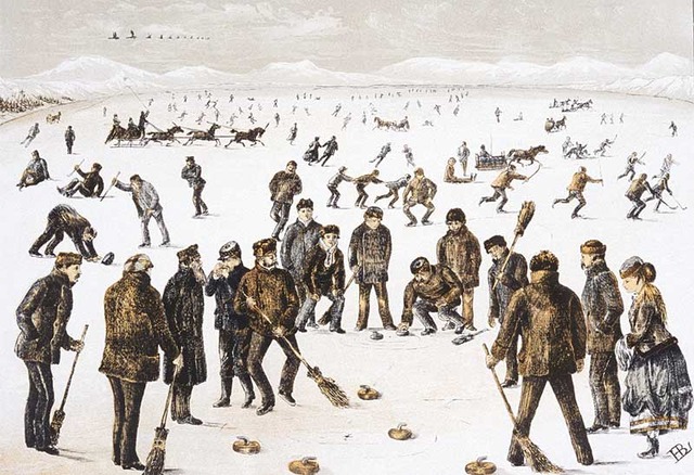 Hockey & Curling being played on Lake Banook in Halifax 1867