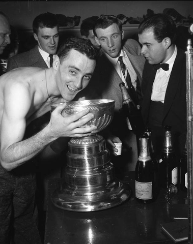 Jacques Plante drinks from Cup,  Henri Richard & Jean Guy Talbot
